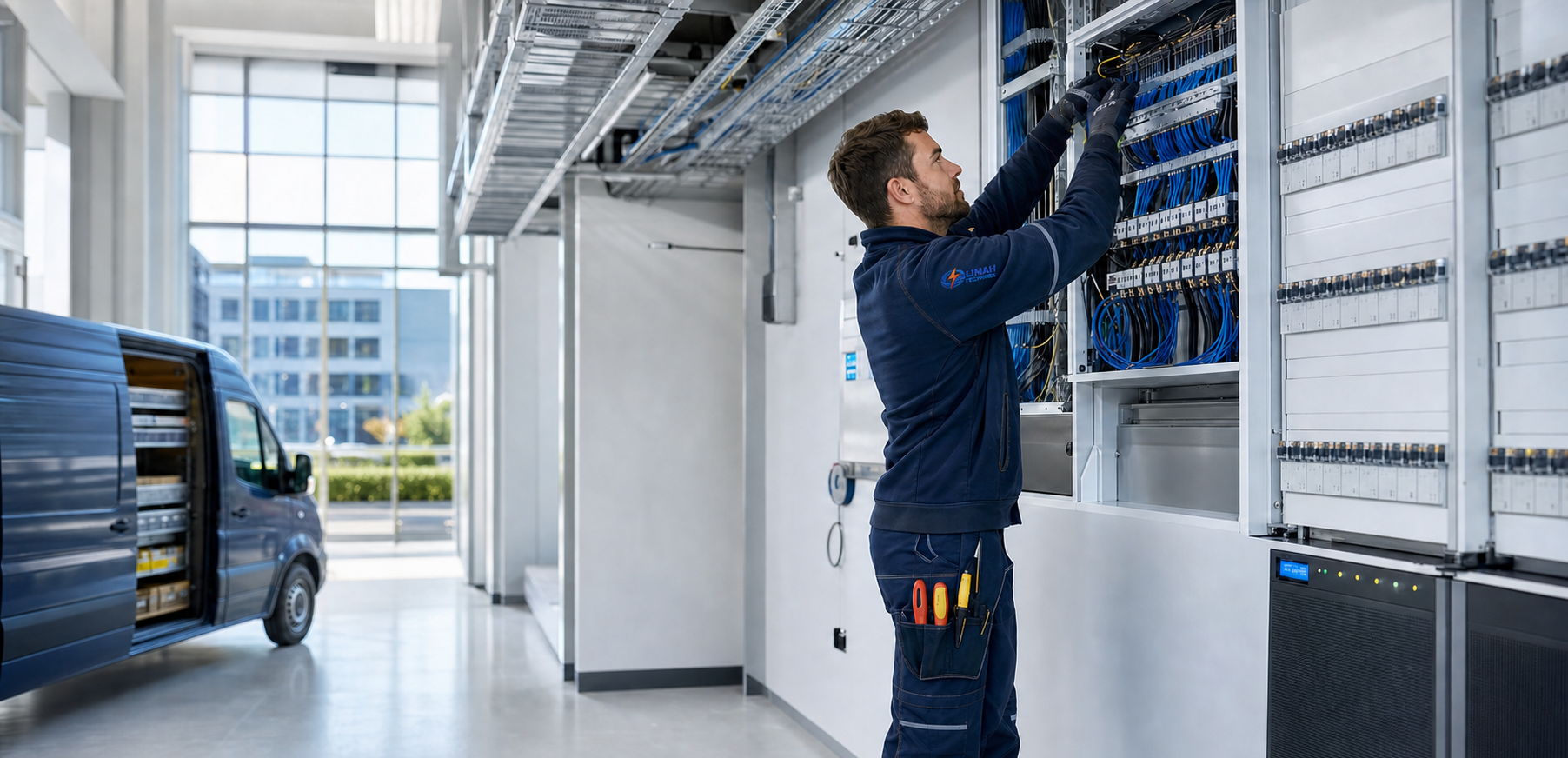 Technician working on electrical and network installation